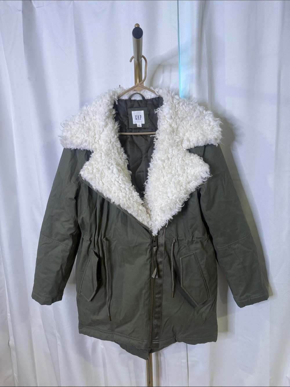 Gap Shearling Collar Parka PrimaLoft Coat Womens Small Green FauxLined Fishtail